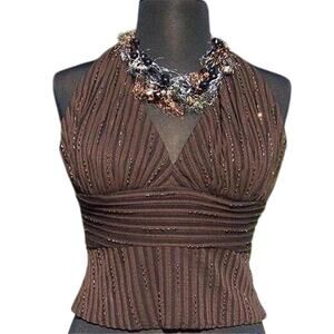 Cache Brown Layered Ruched Ottoman Beaded Halter Lined New Built In Bra NWT $138